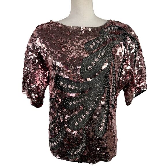 Vintage Oleg Cassini Rose Gold Pink Sequins Silk Formal Blouse Small Pearl Beads - Picture 1 of 7